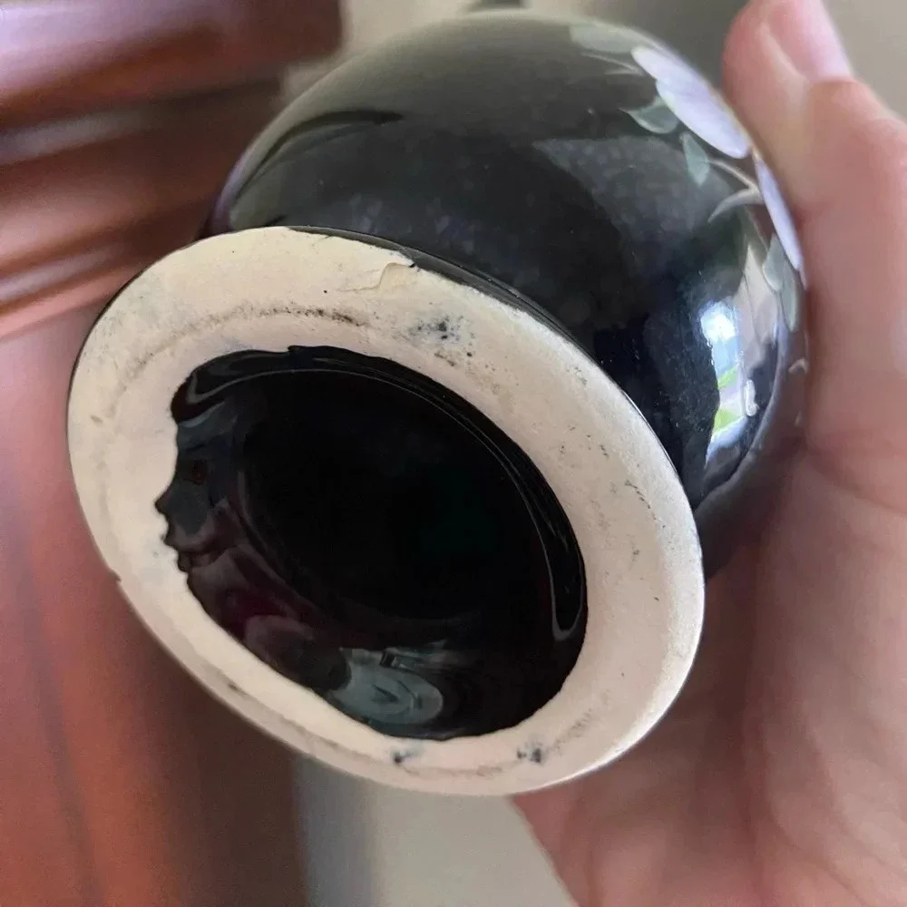 🩵 Black Glaze Pottery 2 Handle Vase with Hand painted Flowers